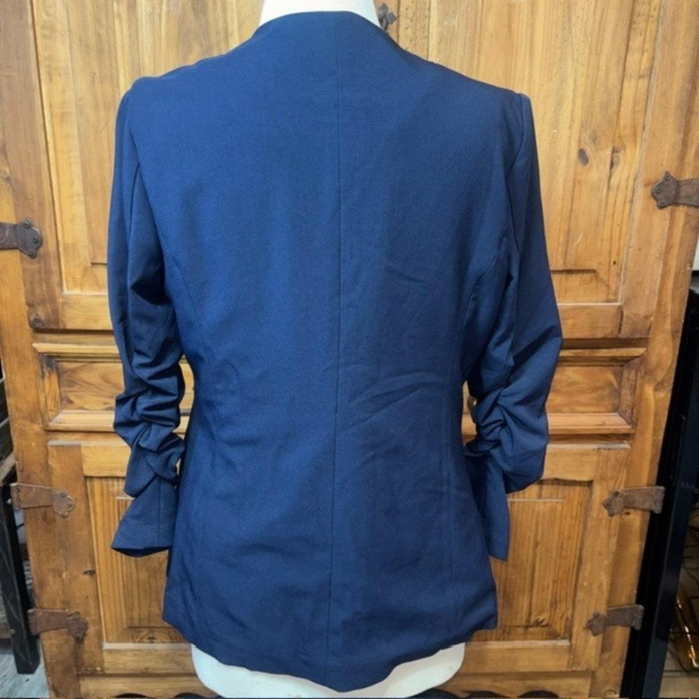Skies Are Blue Navy Ruched 3/4 Sleeve Open Front Blazer Floral Lining Size M